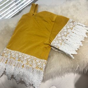 Mustard Yellow Crop Top Cold Shoulder White Lace